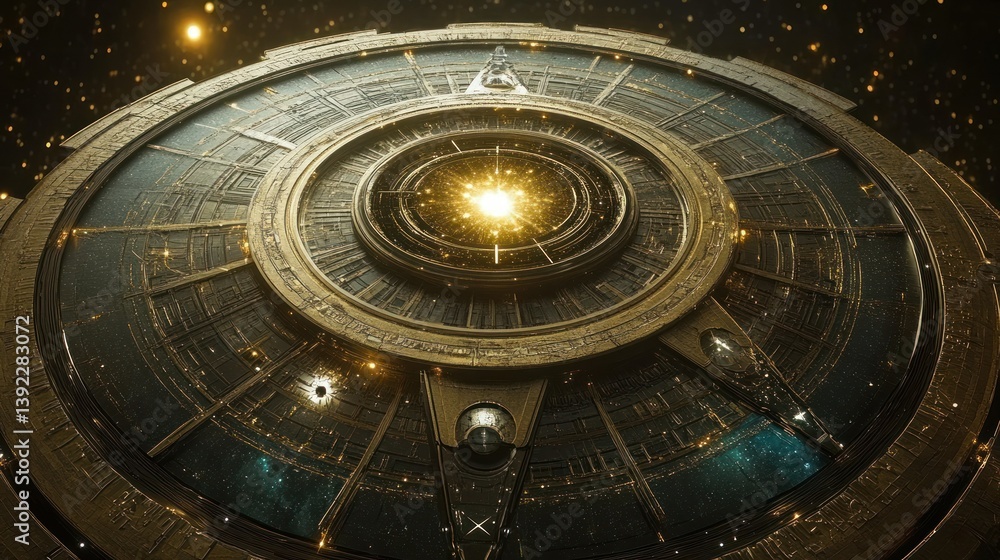 Obraz premium A circular metallic structure floating within outer space and stars