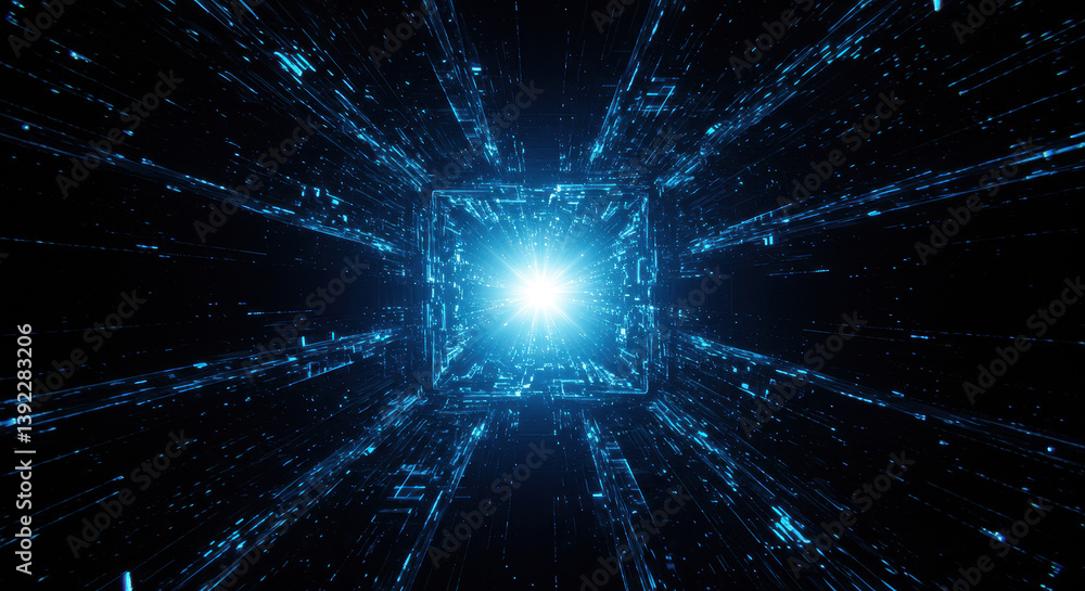 Fototapeta premium Blue Tech Tunnel: Light Speed Data Stream, Futuristic Network, Digital Vortex, Abstract Technology, Connection, Cyberpunk Vision