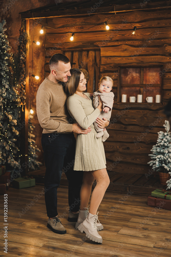 This cozy family portrait is beautifully captured in a holiday setting, adorned with warm lights and festive decorations, evoking a strong sense of togetherness and joy, embodying the seasons spirit