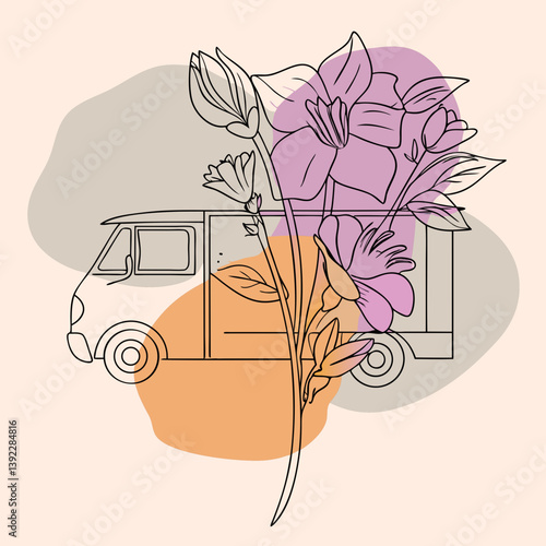 Flower delivery truck with colorful floral design on a pastel background  