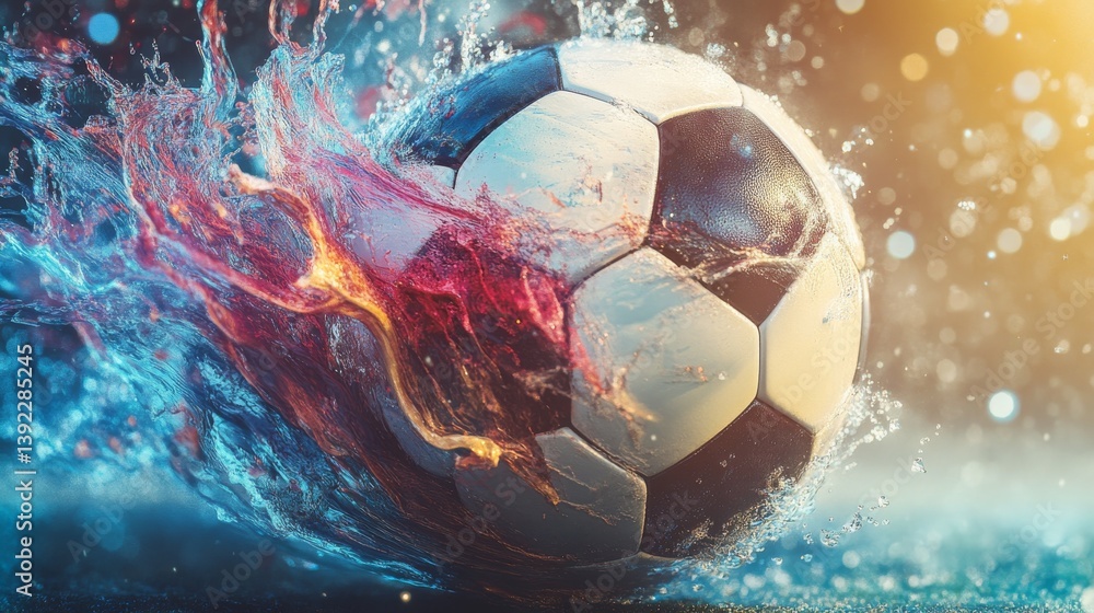 Naklejka premium Vibrant explosion of color radiating from dynamic soccer ball in mid-air on dark background, symbolizing energy, motion, and excitement in sports