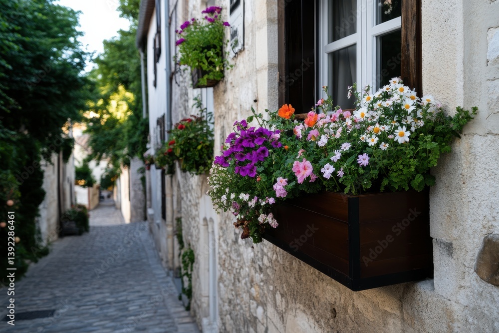 Fototapeta premium This quaint alleyway showcases colorful flowers in window boxes against charming architecture, evoking a sense of nostalgia and beauty in a peaceful setting.