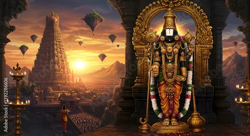 Lord Venkateswara Temple with Procession and Golden Sunset Art