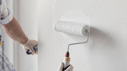 Hand painting white wall with roller brush symbolizing renovation, home improvement, interior transformation, and DIY creativity