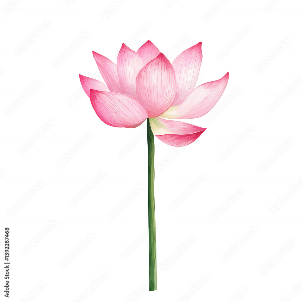 Fototapeta premium A beautiful pink lotus flower with delicate petals and a slender green stem, isolated on a white background, perfect for decorative and nature-themed designs.