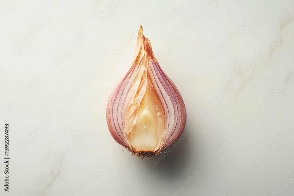 Fototapeta premium A halved shallot reveals its delicate layers showcasing its vibrant pink red hues against a clean isolated on transparent background