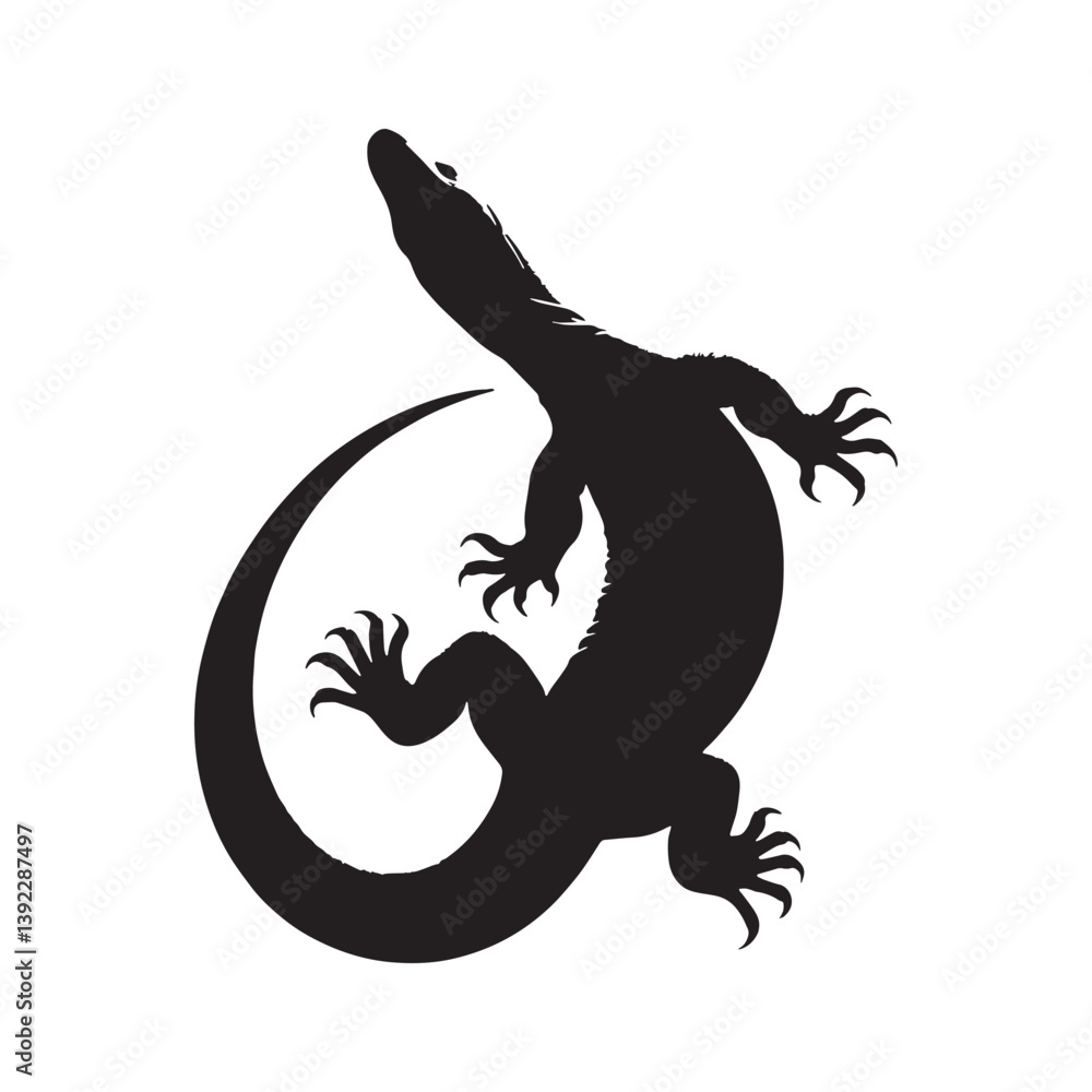 Naklejka premium Regal Komodo Dragon silhouette, moving with graceful power – Komodo Dragon illustration – Minimalist Komodo Dragon vector – Lizard silhouette