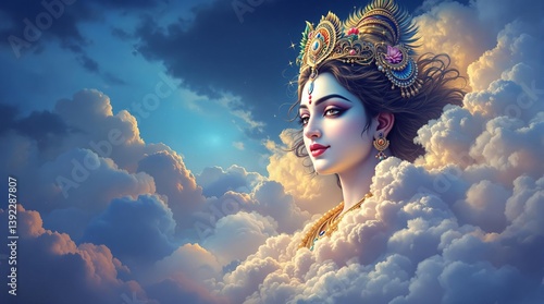 goddess saraswati face in cloud with divine expression, traditional Indian mythological art representing spirituality, devotion, and cultural heritage