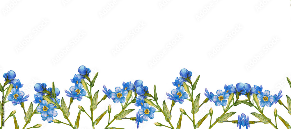 Horizontal seamless floral pattern. Beautiful blue forget-me-nots flowers seamless Horizontal border. Watercolor hand painting illustration isolated on white background for printing, textile Horizontal seamless floral pattern. Beautiful blue forget-me-nots flowers seamless Horizontal border. Watercolor hand painting illustration isolated on white background for printing, textile