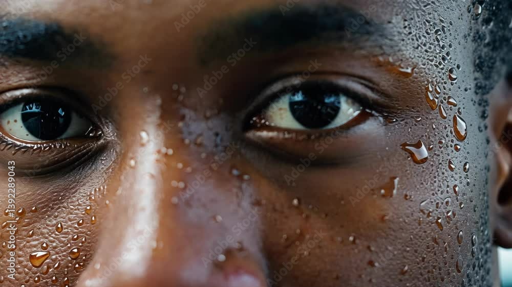 Close up of a person’s face with water droplets showing intense focus and determination during a workout Close up of a person’s face with water droplets showing intense focus and determination during a workout