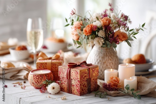Celebrate Diwali with a Beautiful Table Display Featuring Flowers Candles and Vibrant Decorations photo