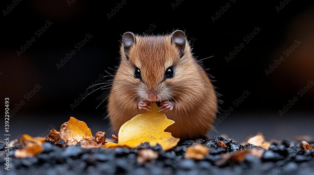 Close-up of a small, brown rodent sitting on dark gravel, eating a yellow leaf. Autumnal setting Close-up of a small, brown rodent sitting on dark gravel, eating a yellow leaf. Autumnal setting