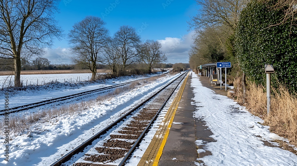 Fototapeta premium Snowy Train Station Platform Winter Railroad Landscape