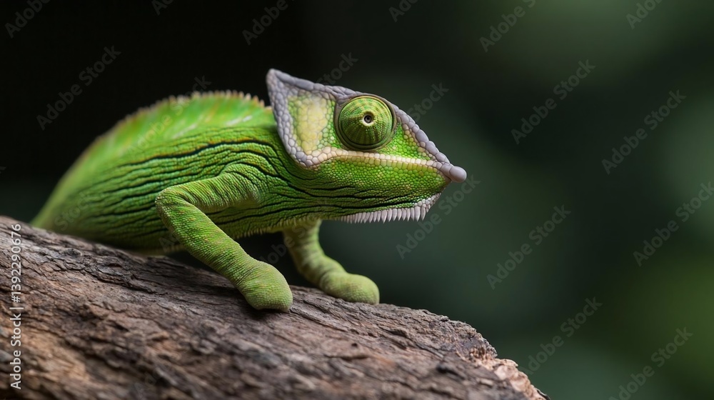 Vibrant green chameleon perched on dark brown wood, set against a blurred green background. Close-up profile view showcasing intricate skin texture and casque Vibrant green chameleon perched on dark brown wood, set against a blurred green background. Close-up profile view showcasing intricate skin texture and casque