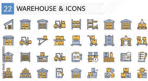 Illustrated warehouse and logistics icons depicting storage delivery and inventory management processes and systems