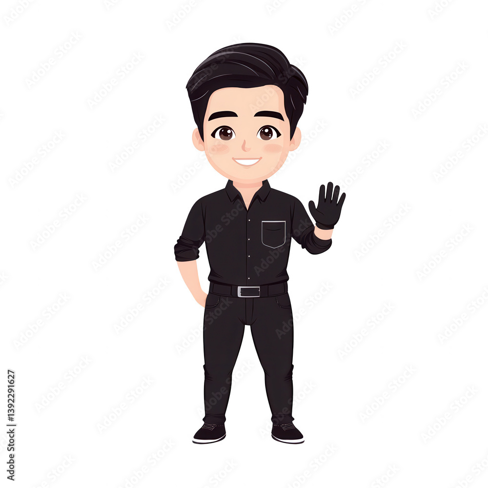 A cheerful cartoon character in a black outfit, waving with a friendly gesture. The character has a bright smile, perfect for friendly and engaging content. A cheerful cartoon character in a black outfit, waving with a friendly gesture. The character has a bright smile, perfect for friendly and engaging content.