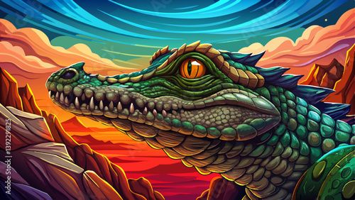 crocodile portrait on an alien rock formation desert under a strange colored sky, animal banner