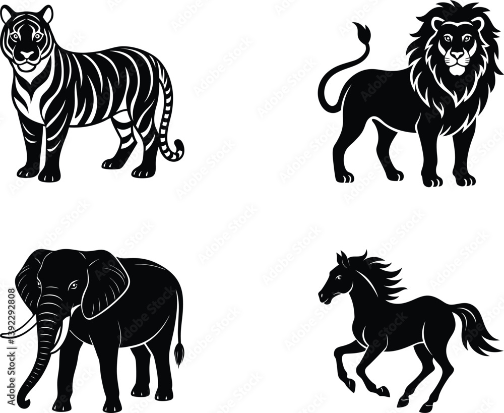 Fototapeta premium set of animals lion, elephant, horse and tiger silhouette 