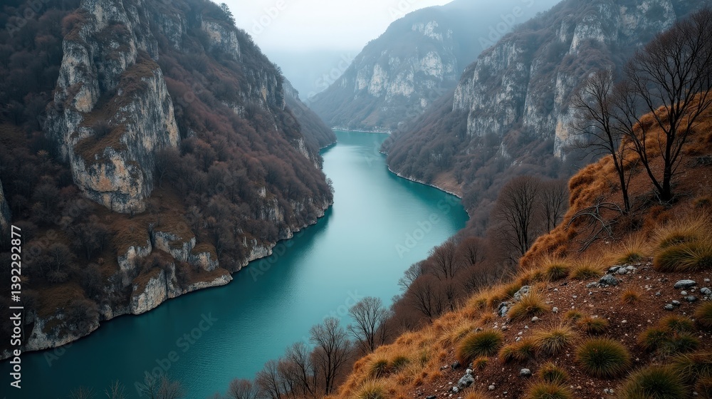 Obraz premium Kourtaliotiko Gorge in Greece at midday with mild, rainy winter conditions, viewed from above.