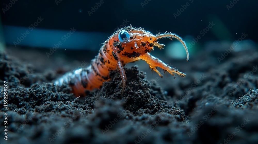 Close-up of an orange aquatic larva with blue eyes emerging from dark soil. The image is sharply focused on the larva, with a dark, blurred background Close-up of an orange aquatic larva with blue eyes emerging from dark soil. The image is sharply focused on the larva, with a dark, blurred background