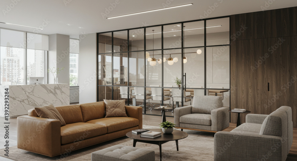 Fototapeta premium Modern Office Elegance: Stylish Waiting Area with Brown Leather Sofa, Gray Chairs & Glass Conference Room | Interior Design Inspiration