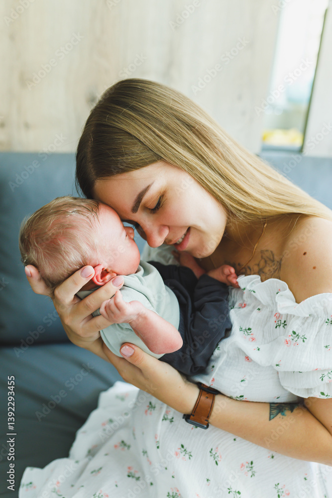 Tender Moment A Caring Mother Embraces Her Precious Newborn in a Cozy and Warm Setting that Exudes Love and Happiness, Highlighting Their Strong Bond and the Intimacy of Parenthood