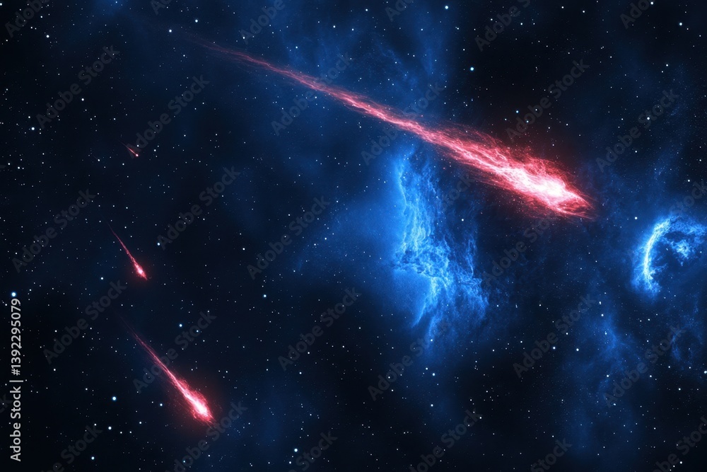 Celestial bodies emitting vibrant trails against the dark backdrop of the cosmos Celestial bodies emitting vibrant trails against the dark backdrop of the cosmos