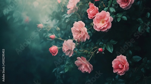 Pink roses blooming in garden, misty background, floral design