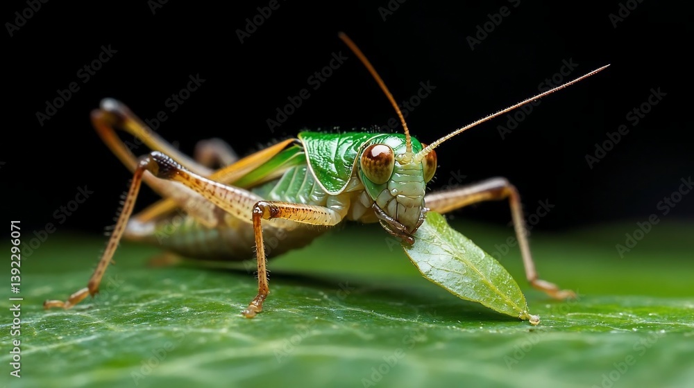 Close-up of a vibrant green katydid on a lush green leaf, against a dark background. The insect is sharply focused, showcasing intricate details of its body and legs Close-up of a vibrant green katydid on a lush green leaf, against a dark background. The insect is sharply focused, showcasing intricate details of its body and legs