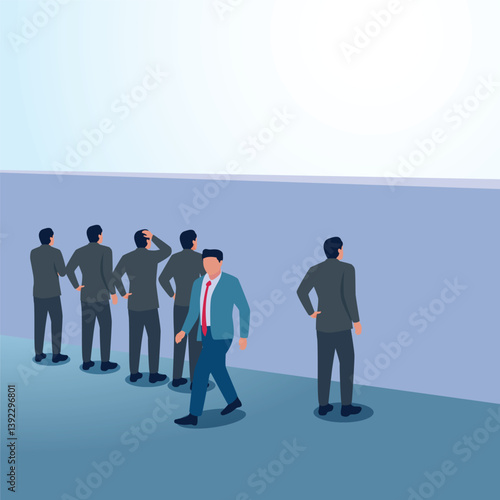 A man turns away from the wall while another stands facing the wall. A metaphorical illustration of being different from others, unique and having initiative.