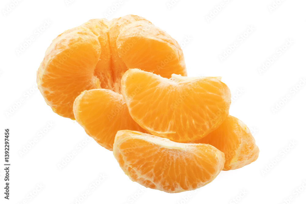 Close-up of peeled tangerine in wedges, isolated on white background Close-up of peeled tangerine in wedges, isolated on white background