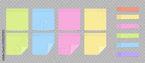 Vector set of colored sticky note. Paper adhesive sticky tape with shadow. Office color post note sticks for design.