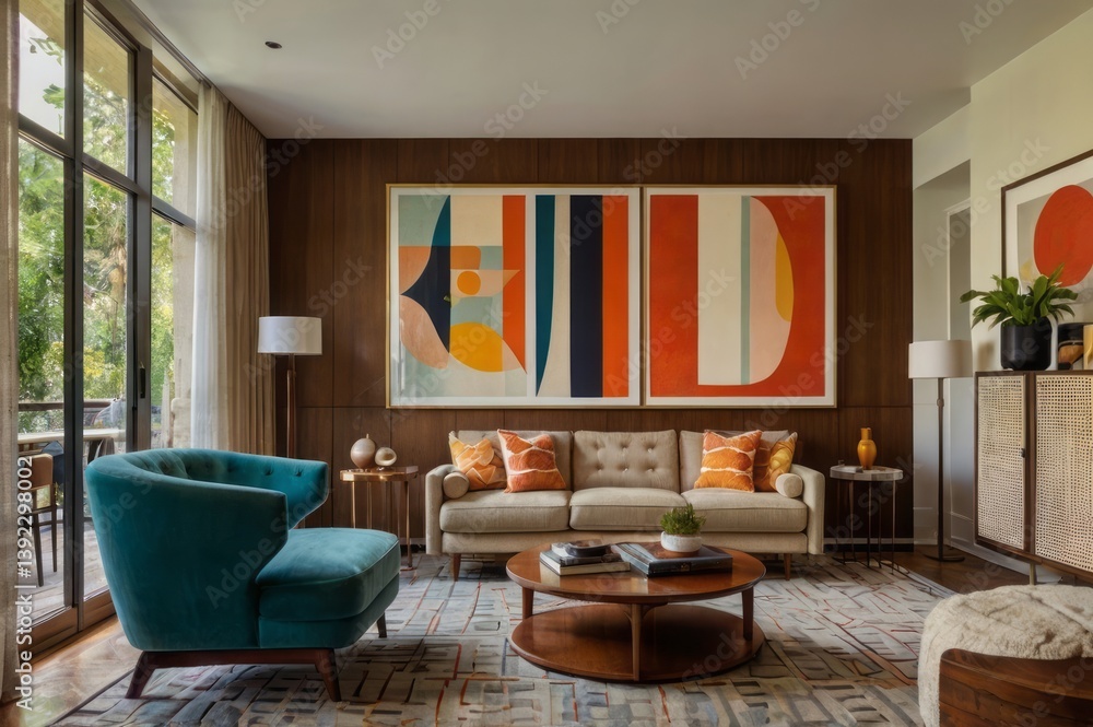 Fototapeta premium A modern living room shows stylish furniture and artwork