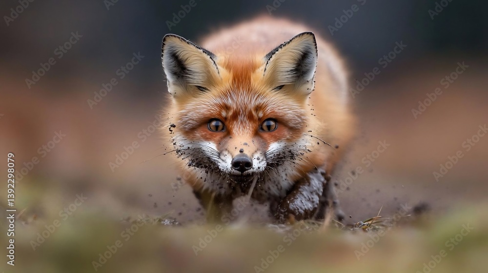 Red fox running towards the camera, close-up view, dirt and debris in motion, shallow depth of field, blurred background Red fox running towards the camera, close-up view, dirt and debris in motion, shallow depth of field, blurred background