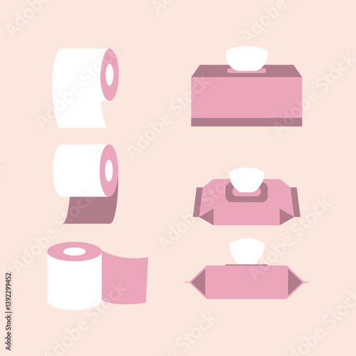 플랫스타일의 두루마리 휴지와 물티슈 일러스트 세트. 생활용품 일러스트.