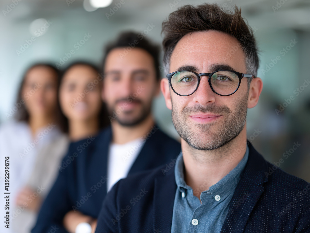 Focused Businessman Posing in Front of Team in Modern Office Environment Focused Businessman Posing in Front of Team in Modern Office Environment