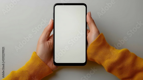 Phone display, held by hands in yellow sleeve, against light surface. Blank screen for text/media display