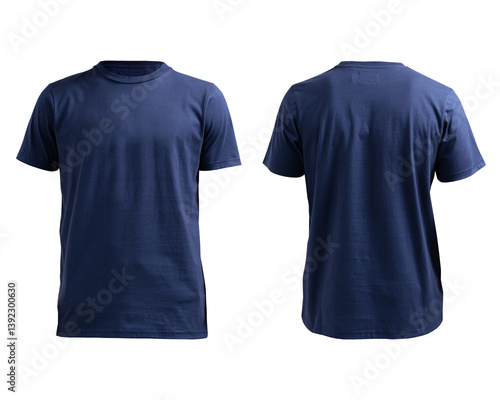 man's navy t-shirt with ghost style model isolated on transparent background seen from front and back view