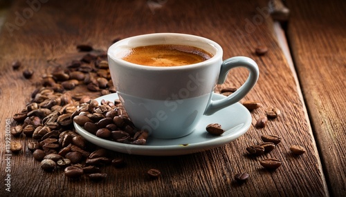espresso coffee cup with beans on vintage table