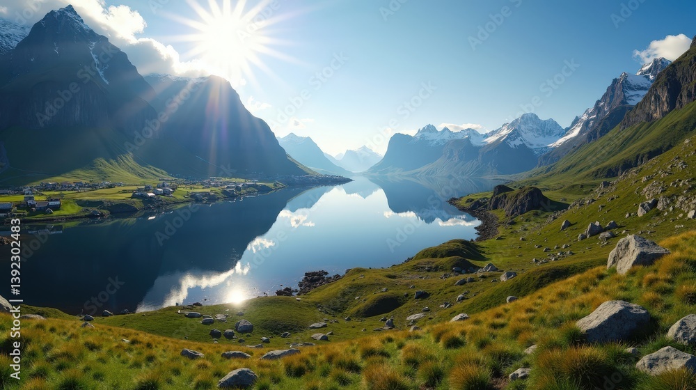 Fototapeta premium Norwegian landscape at midday with sunny conditions, photographed from a panoramic perspective.