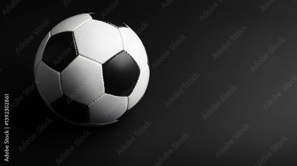 Naklejka premium Classic black and white soccer ball isolated on a dark black background with dramatic lighting and shadow for sports concept or promotional design
