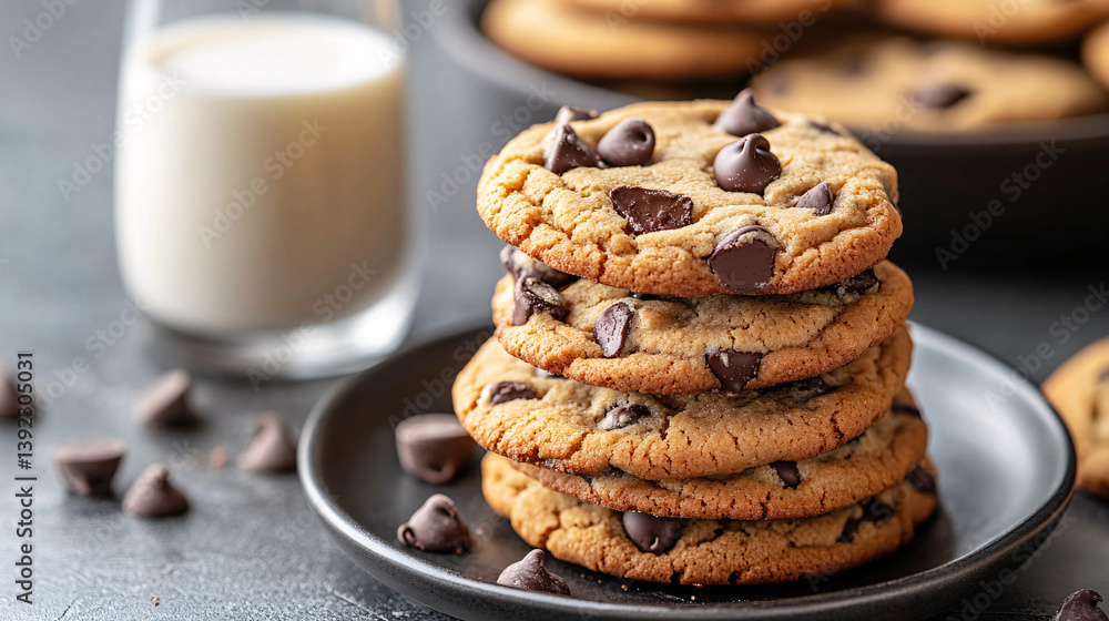 Indulgent Chocolate Chip Cookies Served Next to a Glass of Milk Indulgent Chocolate Chip Cookies Served Next to a Glass of Milk