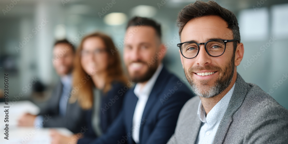 Professional Group in a Modern Office Setting, Smiling Business People in Focus, Collaboration and Teamwork Conceptualization Professional Group in a Modern Office Setting, Smiling Business People in Focus, Collaboration and Teamwork Conceptualization