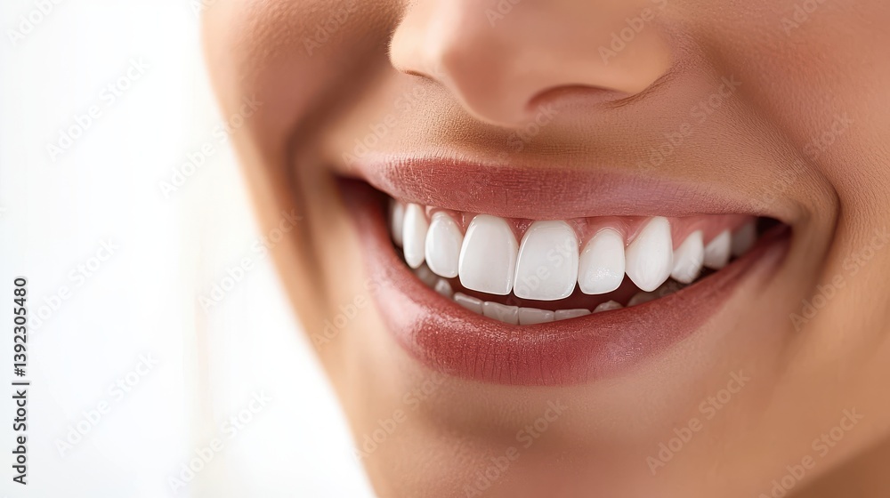 Obraz premium Close-Up of Woman’s Perfect White Teeth and Healthy Smile on Bright Background
