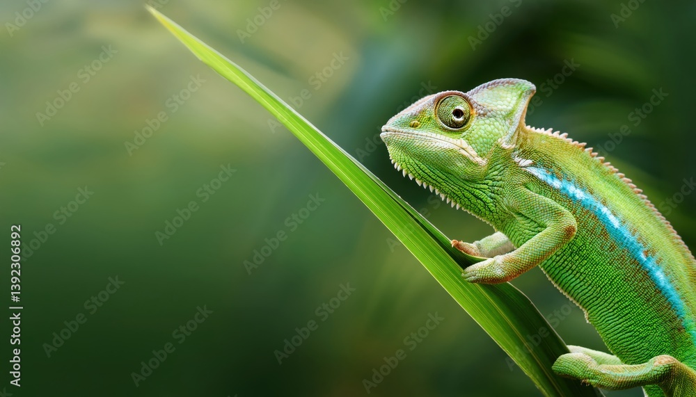 Fototapeta premium Chameleon on Green: A vibrant green chameleon, its eye focused, clings delicately to a blade of grass.