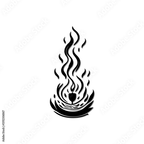 Stylized fiery emblem design with dynamic black flames on a white background