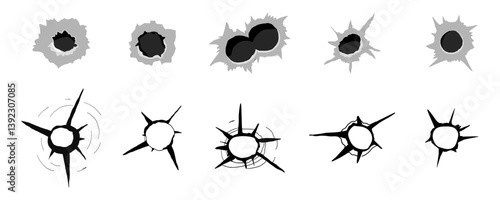 Bullet hole gun shot weapon mark silhouette, impact gun, bullet hole gunshot. Damage from shoot.