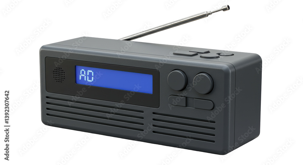 Fototapeta premium Isolated Modern Black Radio with Antenna Displaying AD Message