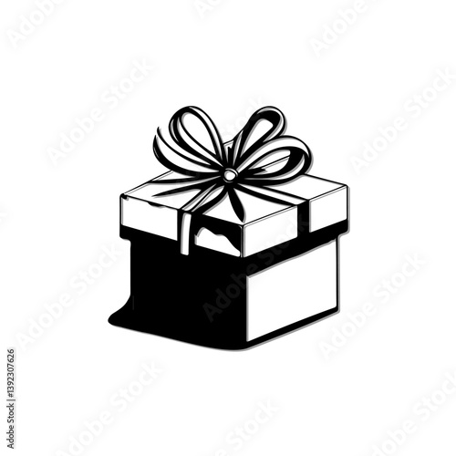Elegant monochrome gift box with decorative ribbon and artistic rendering