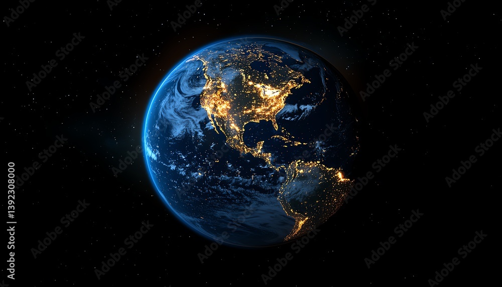Fototapeta premium Earth at night, city lights illuminating continents.